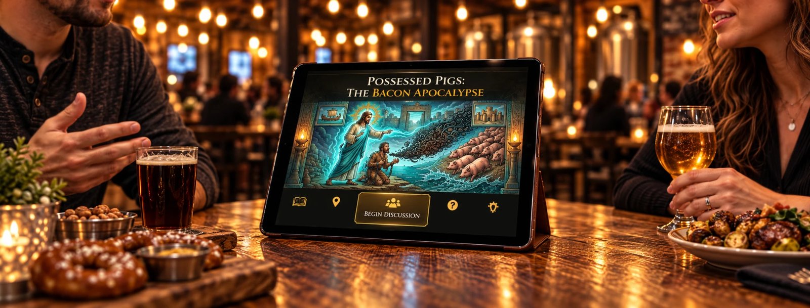 A Brewery Ministries study open on a tablet on a brewery table while two people talk over drinks